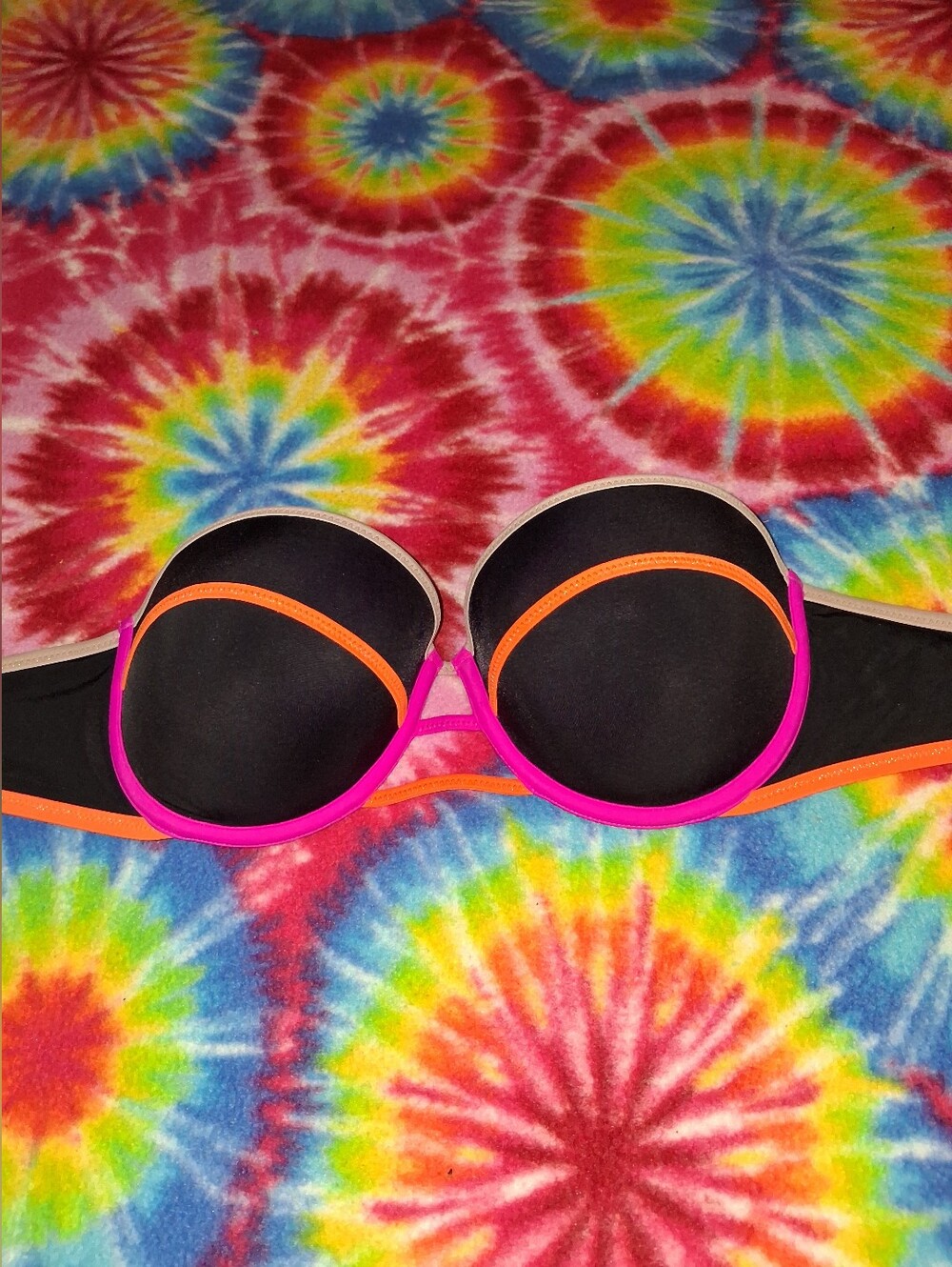Victoria's Secret Orange, Pink, and Black Strapless Bikini Top Size 34D